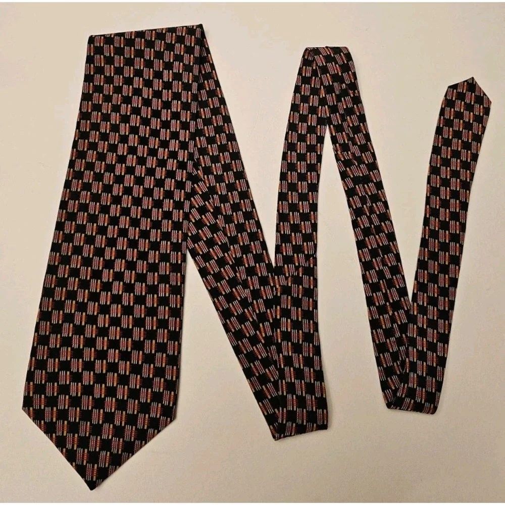 STRUCTURE Mens Black/Red Silk Geometric Print Neck Tie Made in USA